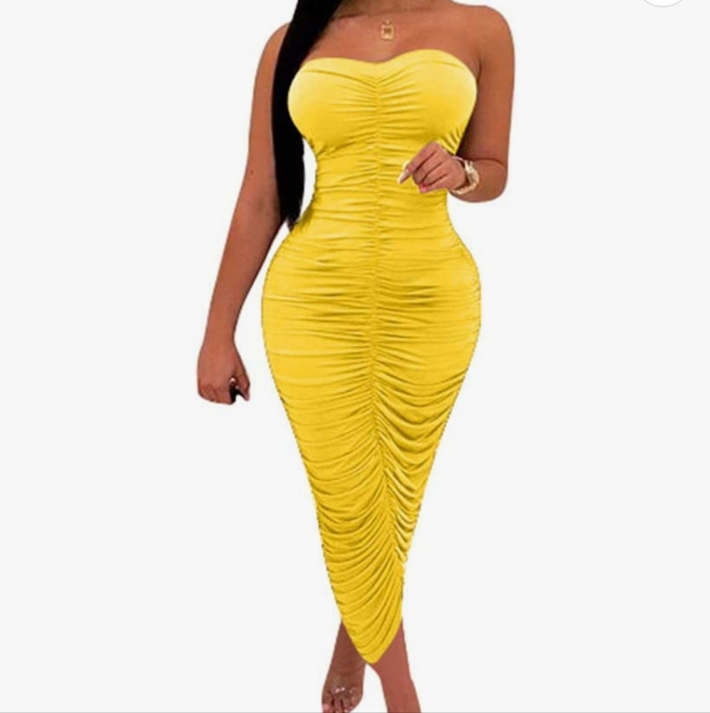 Yellow ruched bodycon dress XL